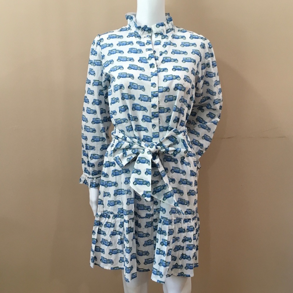 Le Bazar Coastal Shirt Dress Women S M White Blue Cotton Vintage Look Cars Print